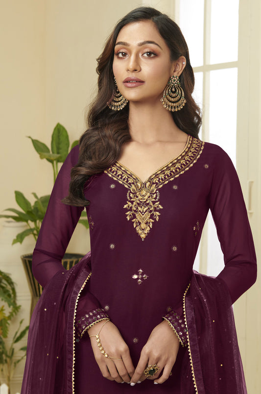 Wine Gota Work Georgette Festive Sharara