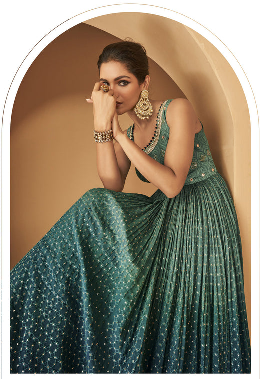 Teal Blue Georgette Sequins Embroidery Anarkali
