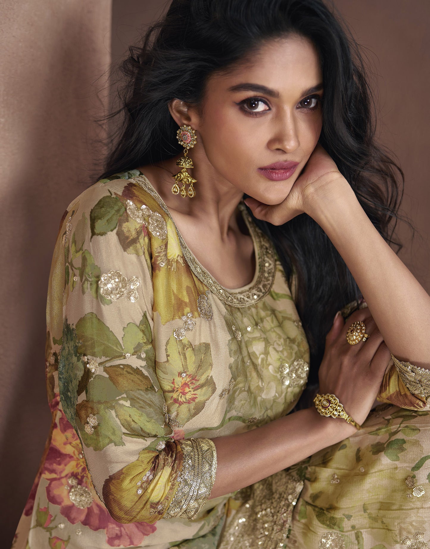 Beige Digital Floral Printed Chinnon Sharara