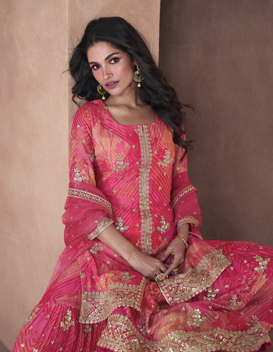 Pink Digital Floral Printed Chinnon Sharara