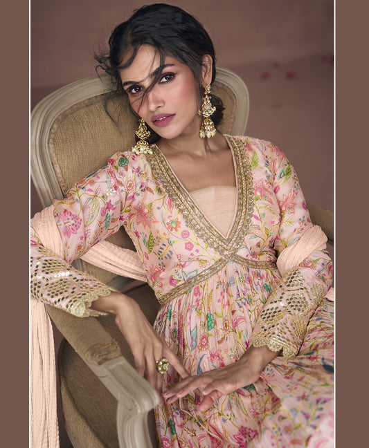 Peach Color Floral Printed Embroidery Silk Anarkali