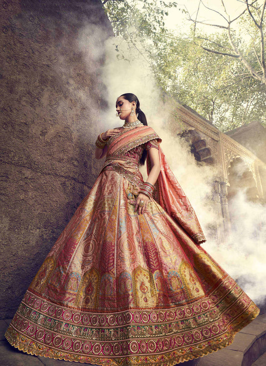 Peach Silk Resham Embroidered Bridal Lehenga Choli