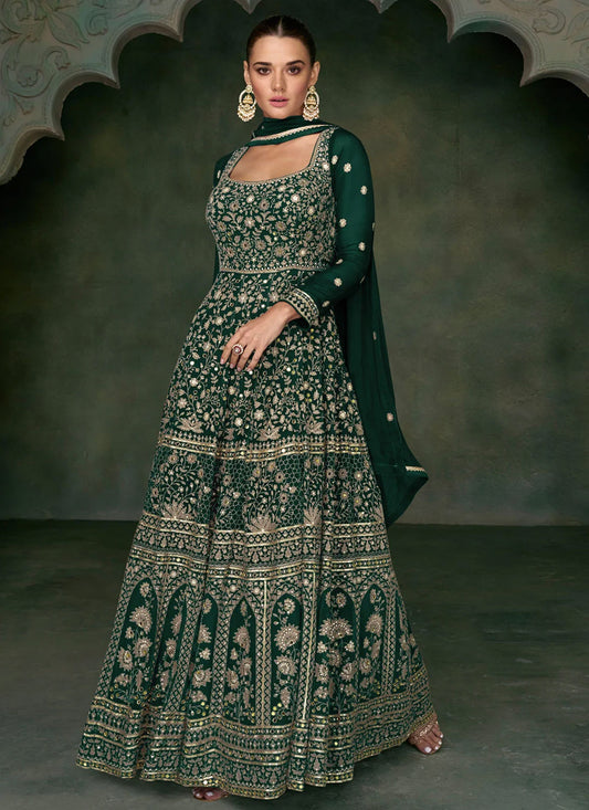 Green Mirror work Georgette Surya Anarkali
