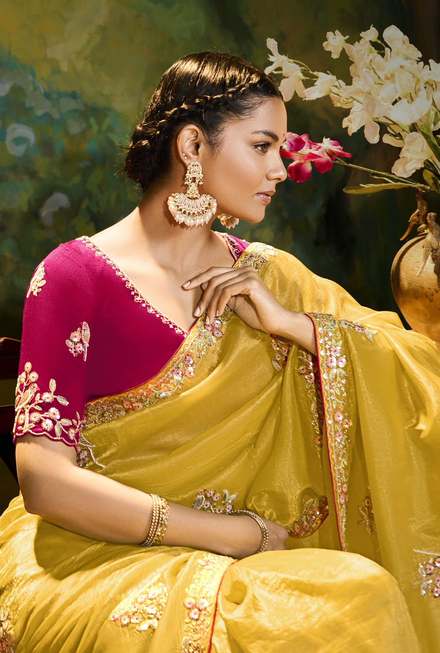 Yellow Cut work Embroidered Kajal Festive Saree