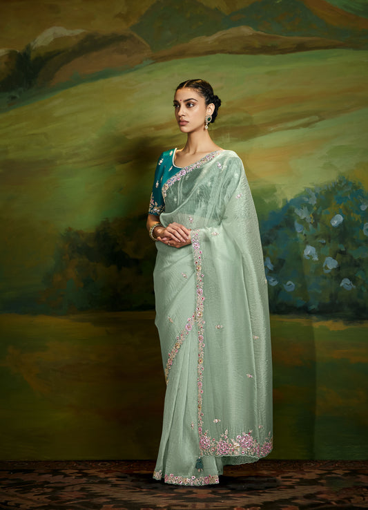 Mint Green Cut work Embroidered Kajal Festive Saree
