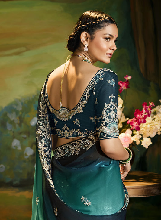 Teal Green Cut work Embroidered Kajal Festive Saree