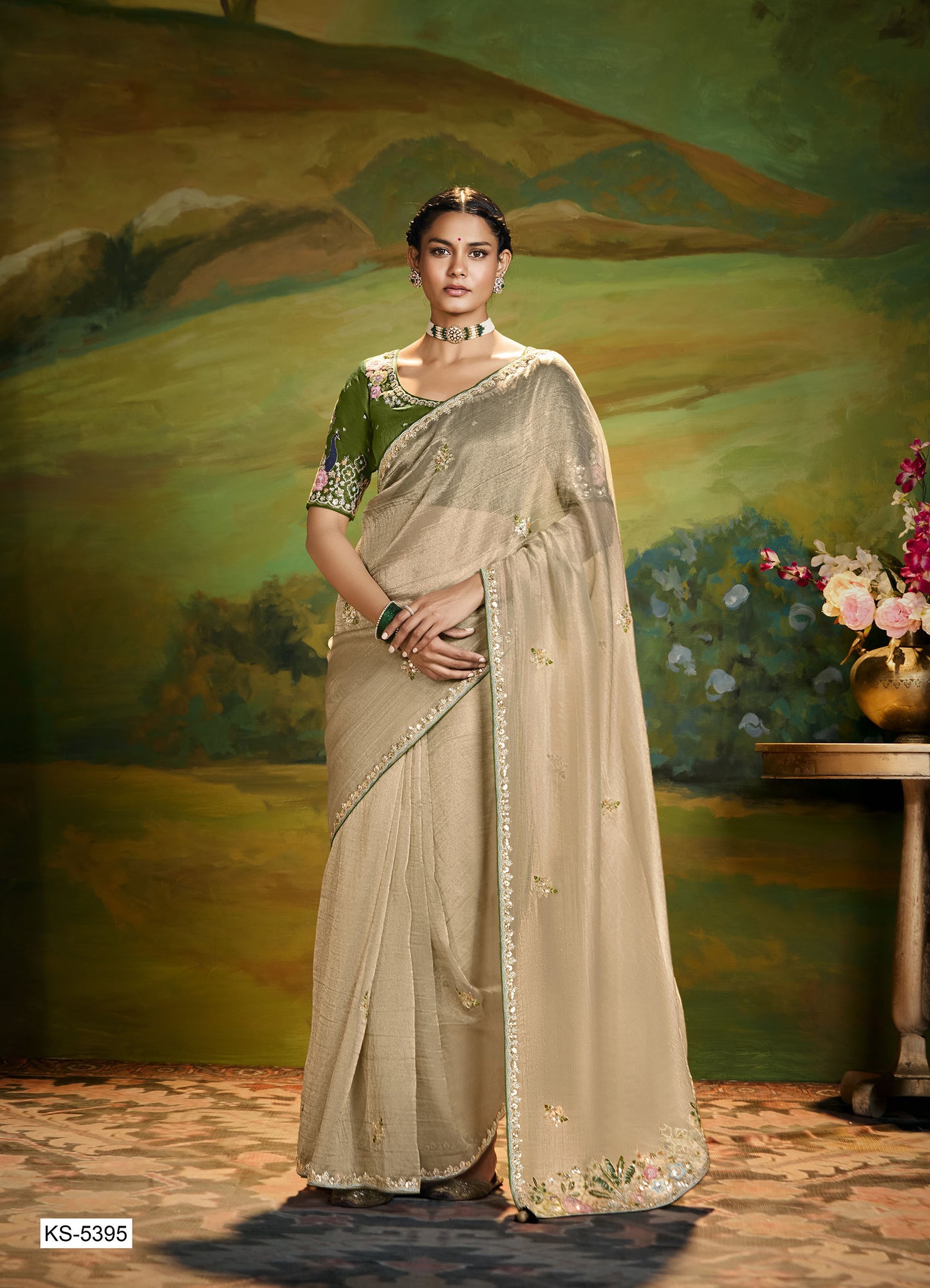 Beige Cut work Embroidered Kajal Festive Saree