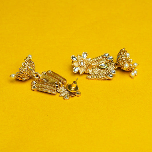 Zevar Club 18K Gold-Plated White Kundan Stone Studded Floral Drop Earrings with Pearl Jhumka