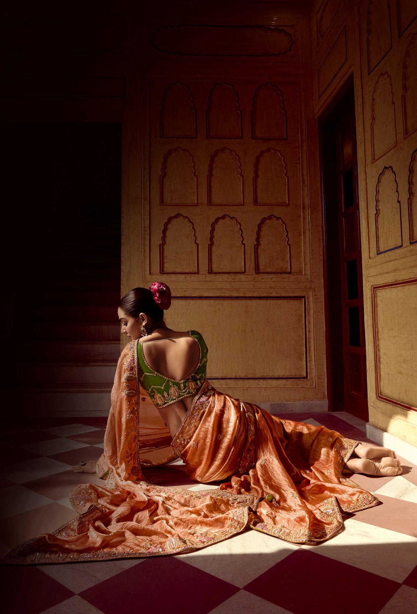 Orange Dhaga and Butti embroidered Pankhudi Saree