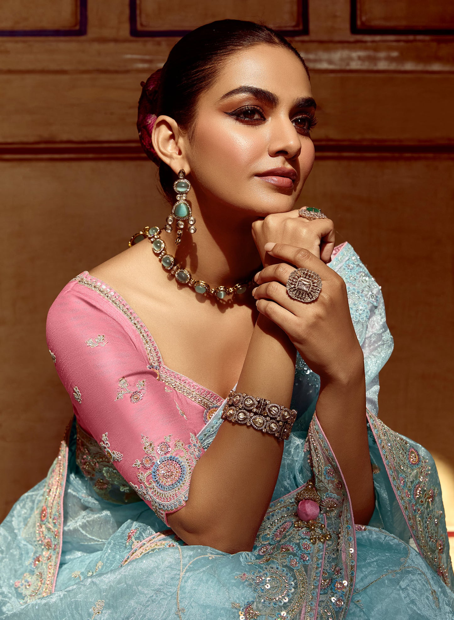 Sky blue Dhaga and Butti embroidered Pankhudi Saree