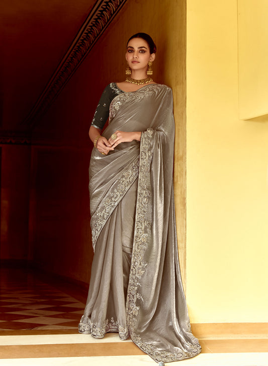 Grey Dhaga and Butti embroidered Pankhudi Saree