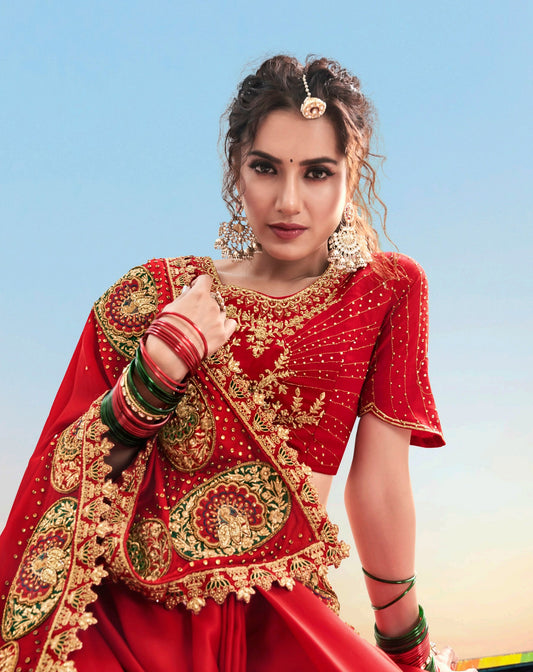 Red Moti and Cutdana Work Pure Satin Bridesmaid Saree