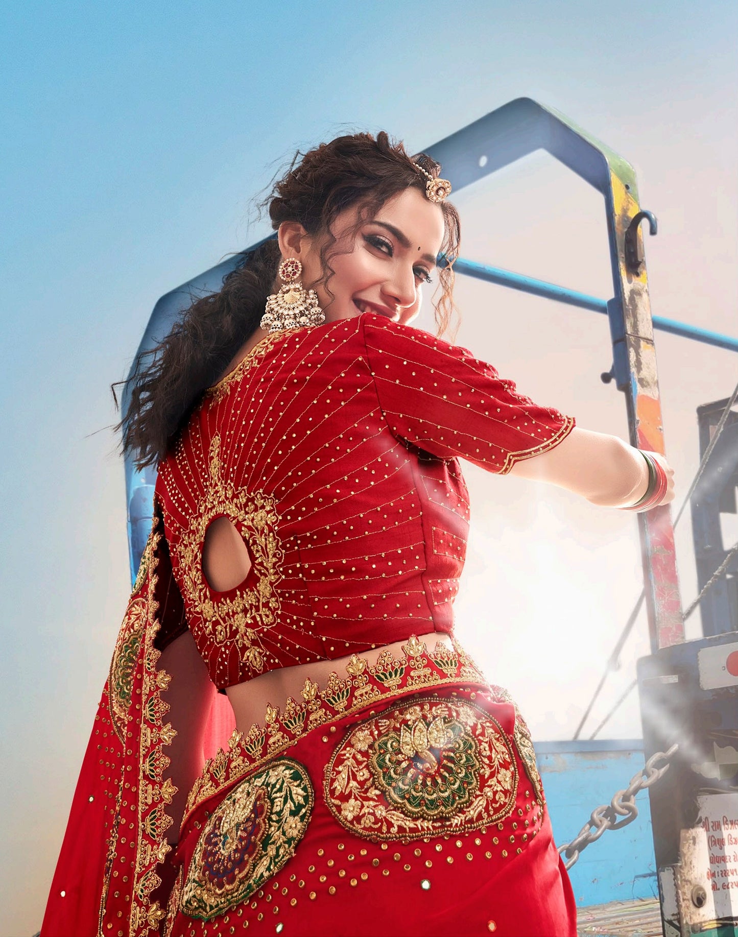 Red Moti and Cutdana Work Pure Satin Bridesmaid Saree