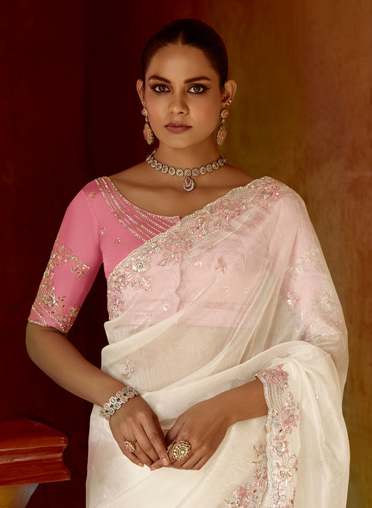 white Dhaga and Butti embroidered Pankhudi Saree