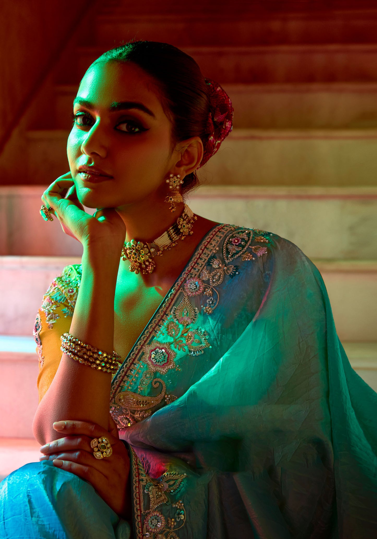 Teal Blue Dhaga and Butti embroidered Pankhudi Saree