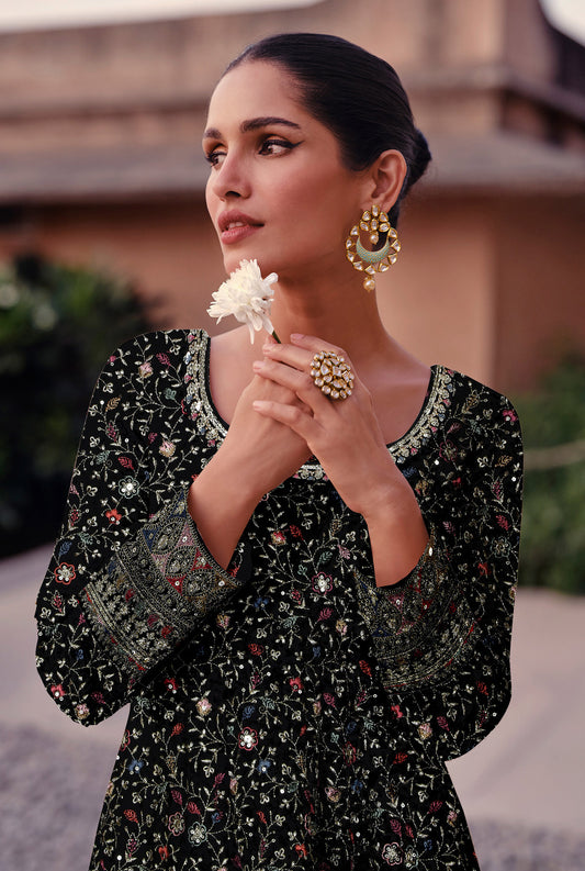 Black Resham Embroidered Georgette Surya Anarkali
