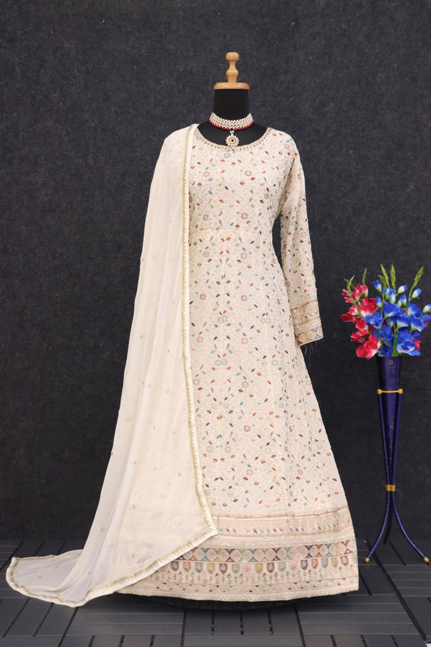 Cream Resham Embroidered Georgette Surya Anarkali