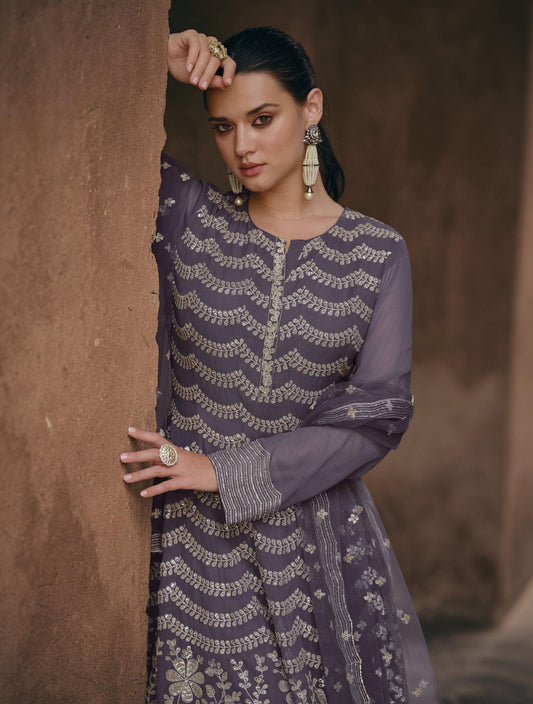 Purple Color Chinnon Silk Cut Work Sharara