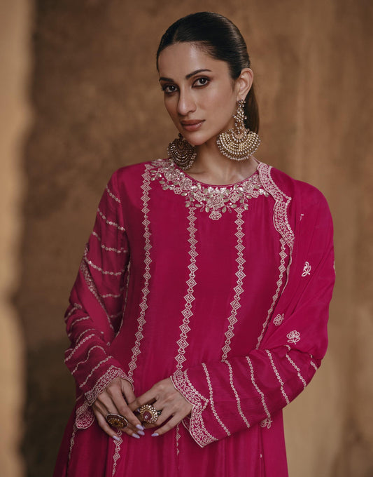 Dark Pink Color Chinnon Silk Cut Work Sharara