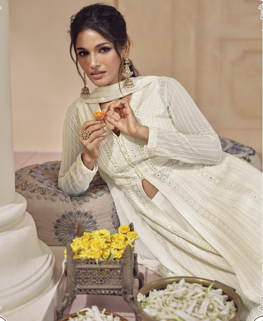 Off White Color Georgette Lucknowi Embroidery Palazzo Anarkali