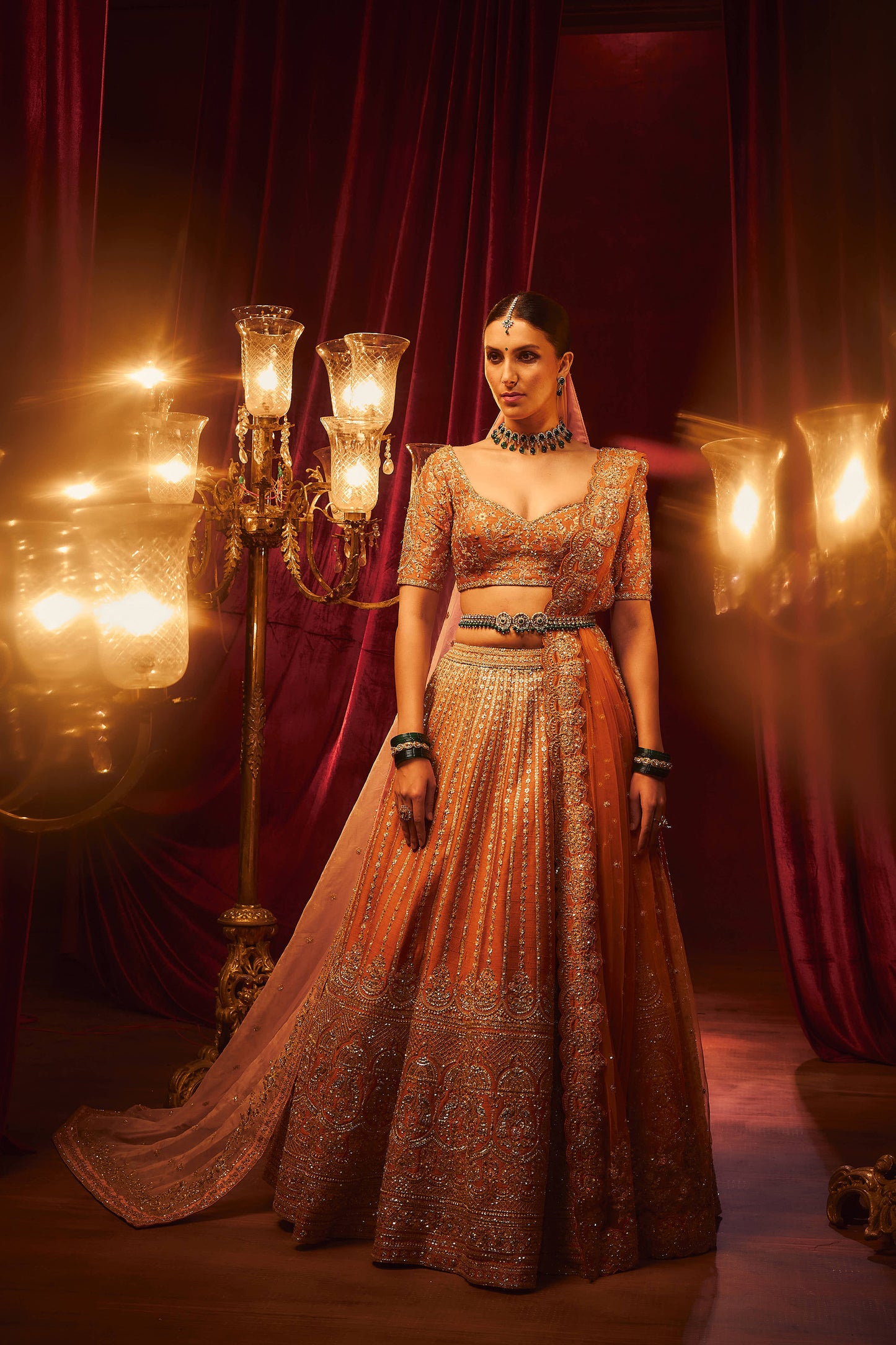 Rust Raw Silk Hand & Machine Embroidered Lehenga Set