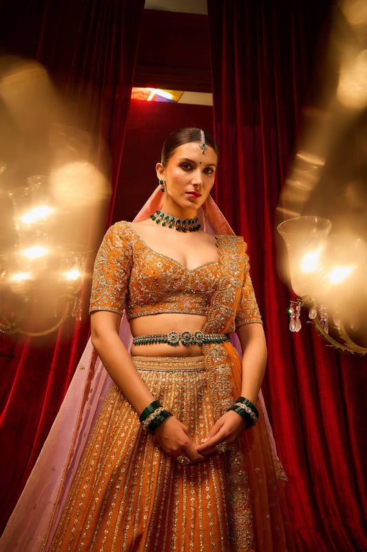 Rust Raw Silk Hand & Machine Embroidered Lehenga Set