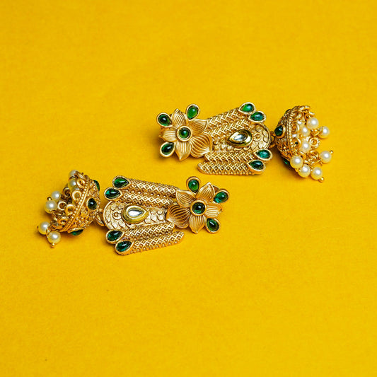 Zevar Club 18K Gold-Plated Green Kundan Stone Studded Floral Drop Earrings with Pearl Jhumka