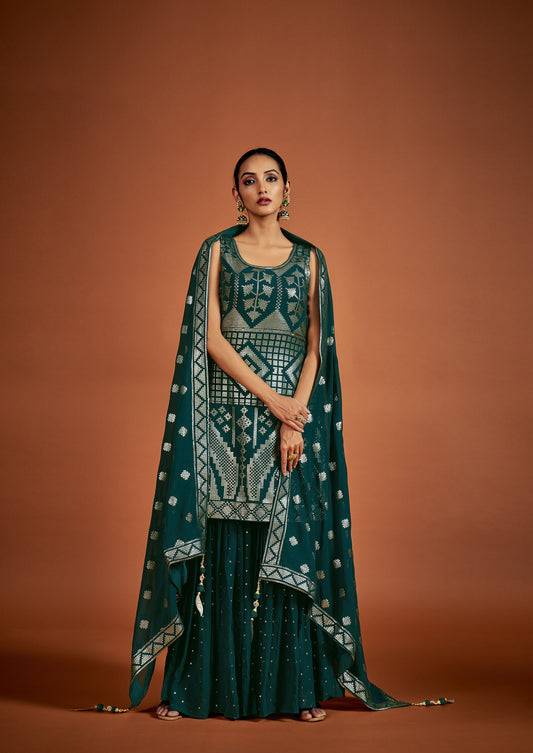 Green Sequins Embroidery Georgette Sharara for Sangeet