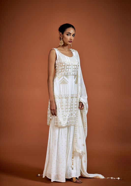 White Sequins Embroidery Georgette Sharara for Sangeet