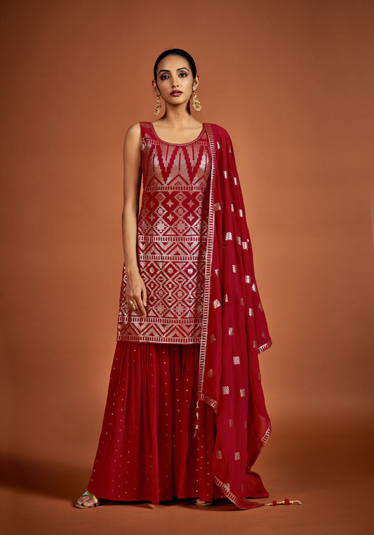 Red Sequins Embroidery Georgette Sharara for Sangeet