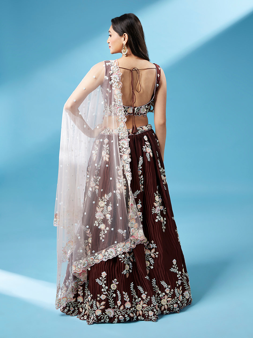 Brown Pure Georgette Sequins Work Semi-Stitched Bridesmaid Lehenga