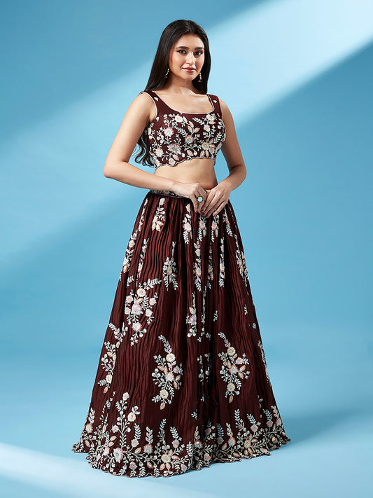 Brown Pure Georgette Sequins Work Semi-Stitched Bridesmaid Lehenga