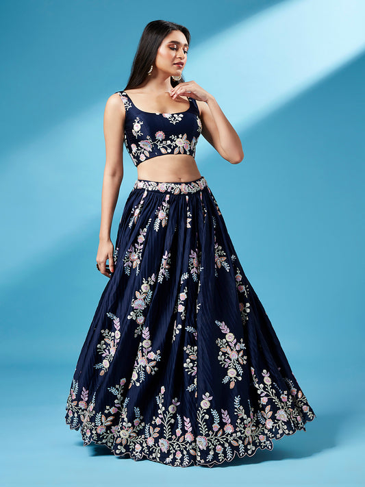 Navy Blue Pure Georgette Sequins Work Semi-Stitched Bridesmaid Lehenga