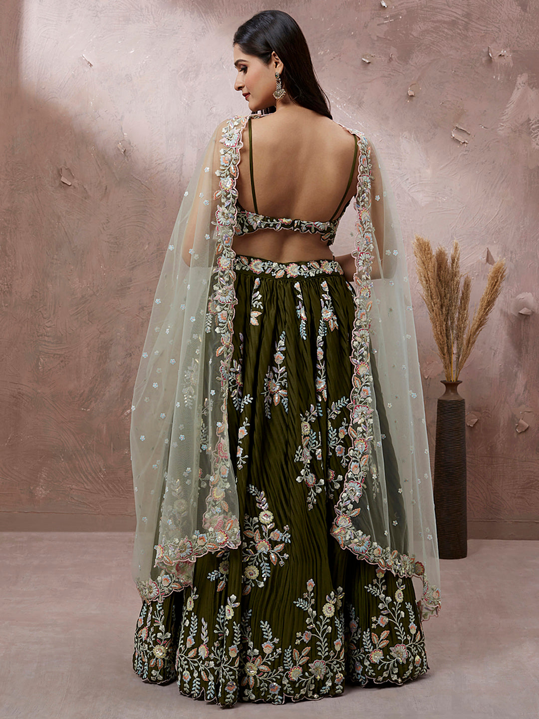 Olive Green Georgette Sequins Work Semi-Stitched Lehenga