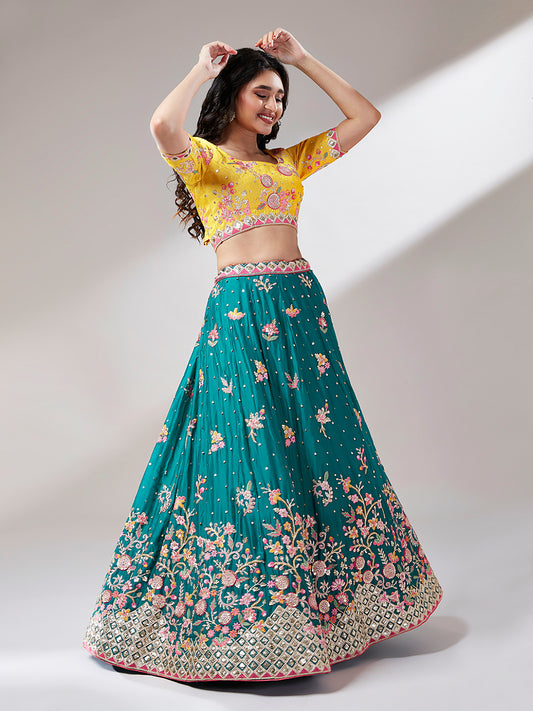 Blue and Yellow Georgette Sequins Work Semi-Stitched Lehenga