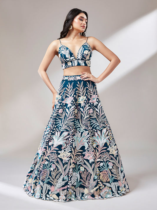 Navy Blue Net Sequins Work Semi-Stitched Bridesmaid Lehenga