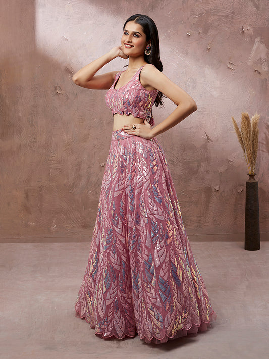Pink Net Sequins Work Semi-Stitched Bridesmaid Lehenga