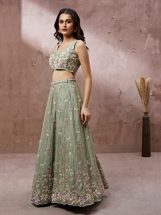 Green Georgette Sequins & Heavy Zarkan embroidery Semi-Stitched Lehenga