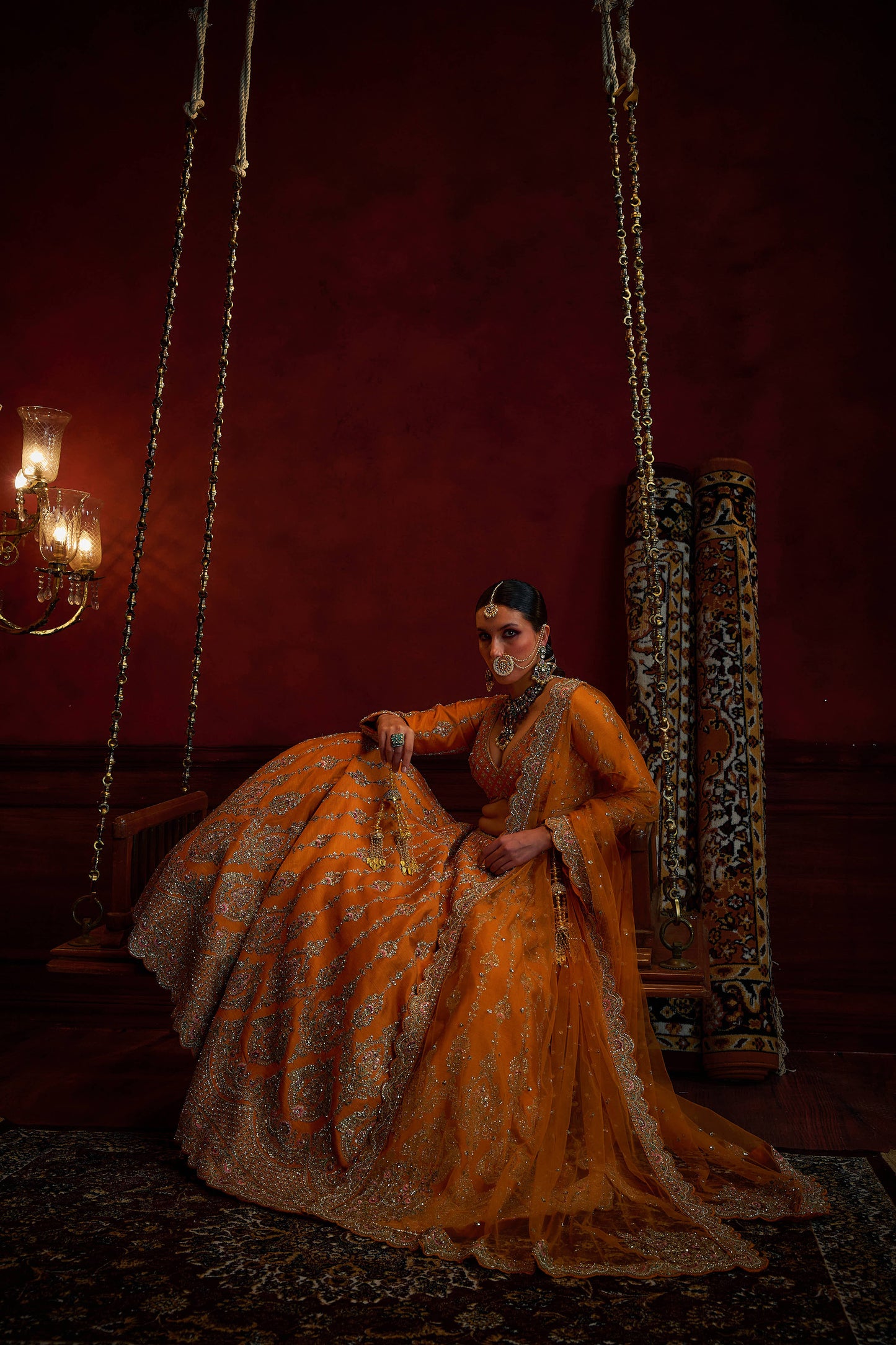 Rust Raw Silk Hand & Machine Embroidered Lehenga Set