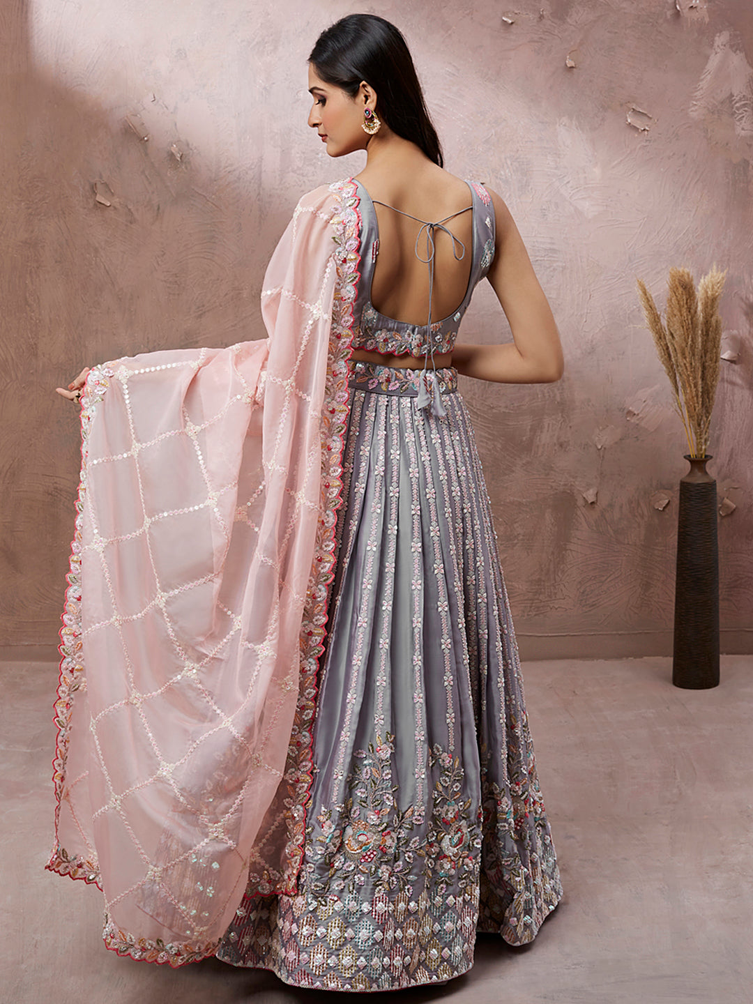 Grey Georgette Sequins Embroidery Semi-Stitched Lehenga