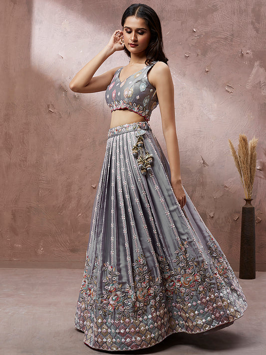 Grey Georgette Sequins Embroidery Semi-Stitched Lehenga