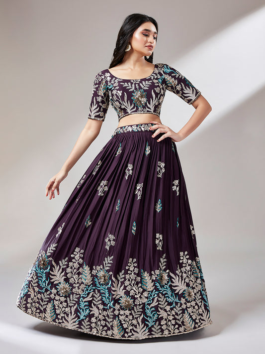 Wine Color Georgette Sequins Embroidery Semi-Stitched Lehenga