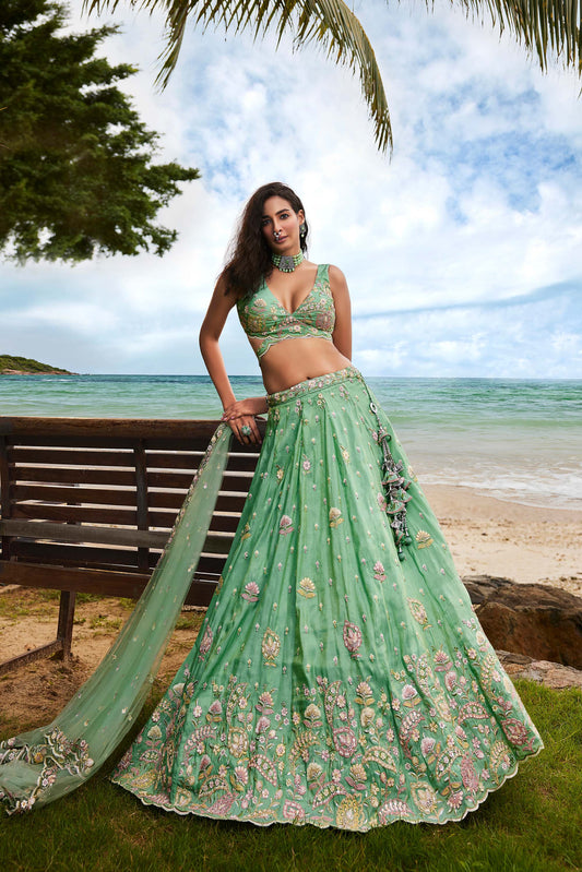 Sea Green Georgette Sequins, Zarkan and thread embroidery Lehenga