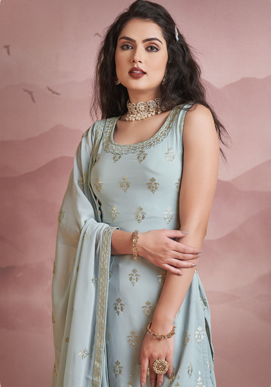 Grey Thread Embroidery Georgette Sharara for Wedding Guest