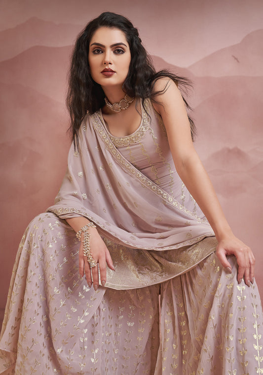 Peach Thread Embroidery Georgette Sharara for Wedding Guest