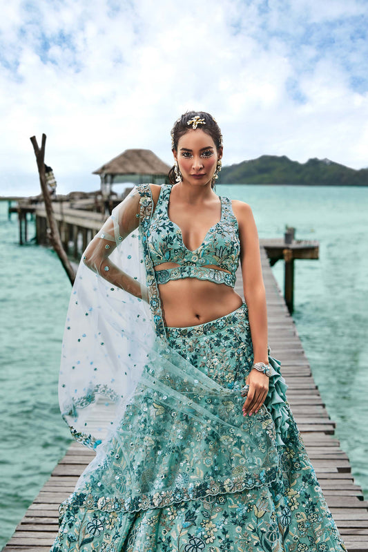 Turquoise blue Organza Sequins, Moti and thread embroidery Lehenga
