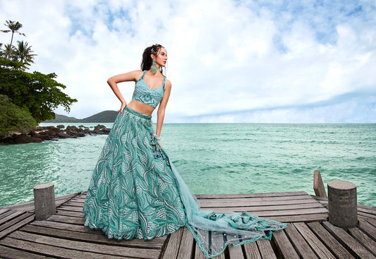 Turquoise Blue Net Sequins, Zarkan and thread embroidery Lehenga