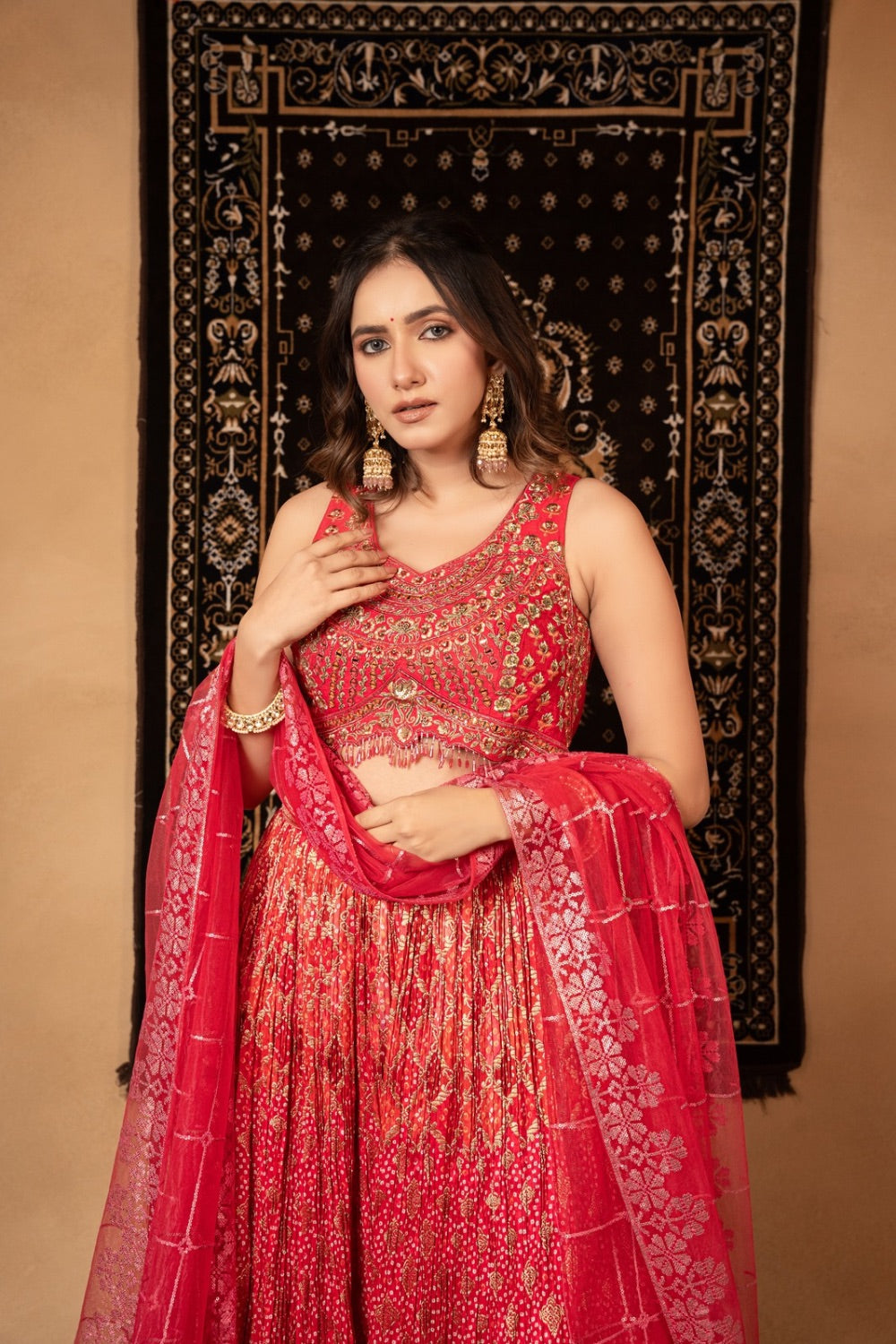 Magenta pink crepe silk lehenga choli with zardozi and mirror work