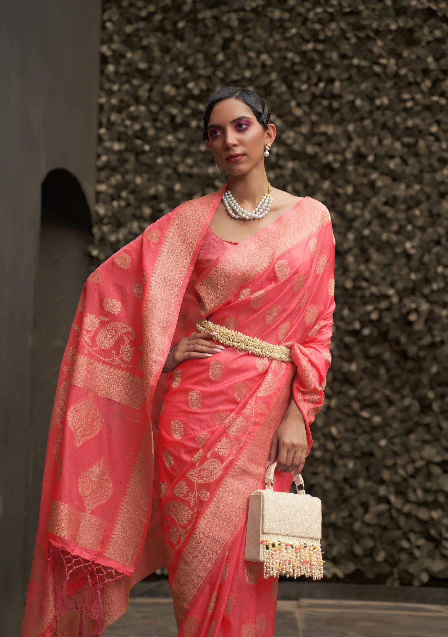 Pink Kosmos Silk Nylon Chinnon Two tone saree