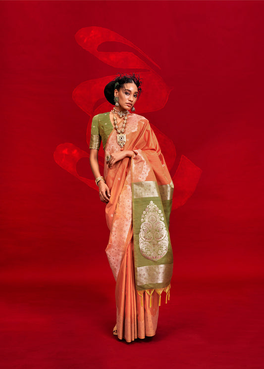 Orange Kontessa Tussar Silk Handloom Saree with ikkat Pallu